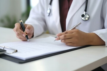 Doctor office desk, work place of physician. generative AI