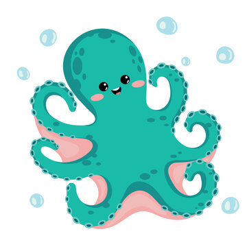 Cute cartoon octopus. Vector flat octopus illustration. Vector illustration of cartoon octopus. Cute and beautiful hand drawn octopus. Sea animal vector illustration.