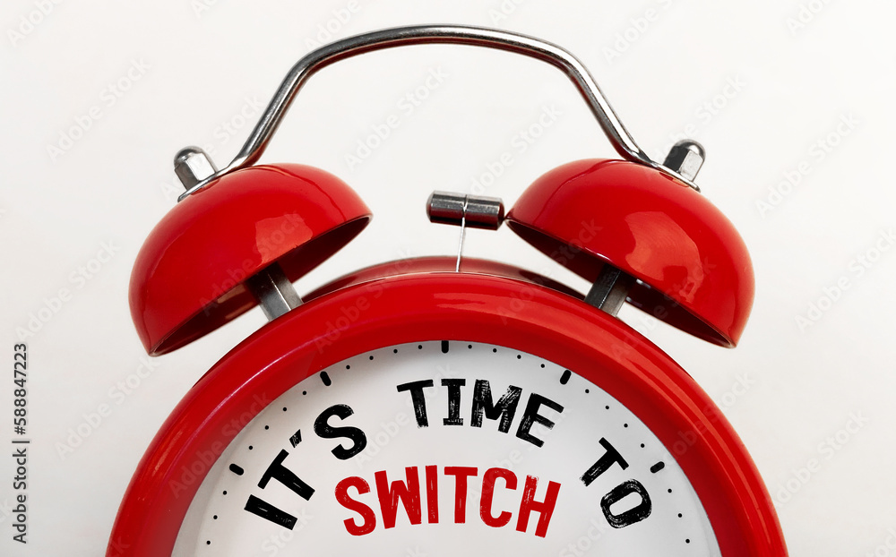 Poster red alarm clock with text time to switch