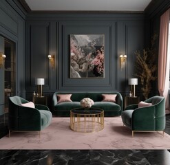Living room interior with dark walls in a neutral color, in the style of dark gray and pink, luxurious, dark gray and dark amber. Generative AI.