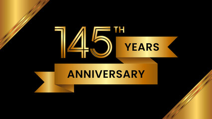 145th Anniversary. Anniversary template design with number and golden ribbon. Logo Vector Template