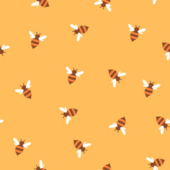 Simple seamless pattern with bees on a yellow background. Vector graphics.