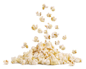Falling cereal on a handful of popcorn isolated on a white background. - obrazy, fototapety, plakaty