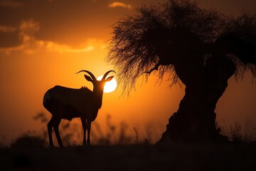 wild animal silhouette at sunset, generative ai