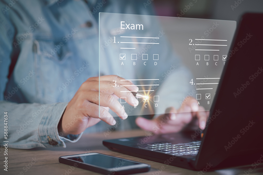 Poster online exam concept, choose correct answer in test. checklist and online testing on laptop. online e