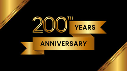 200th Anniversary. Anniversary template design with number and golden ribbon. Logo Vector Template