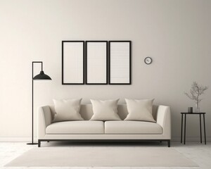3d of living room with furniture, in the style of light beige and brown, large canvas paintings. Generative AI.