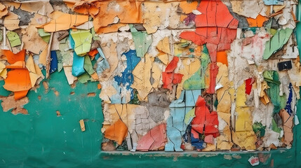 Fototapeta premium Torn paper collage background on an old poster on a street wall. Generative Ai