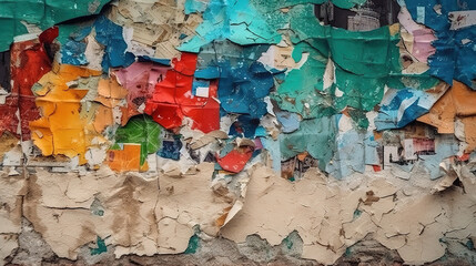Torn paper collage background on an old poster on a street wall. Generative Ai