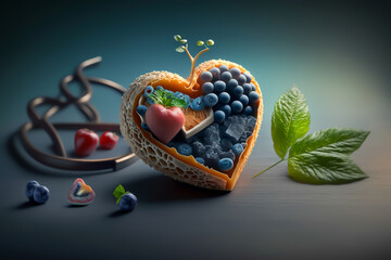 Health background, with fruits shaped heart, isolated background, generative ai