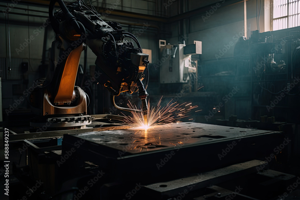 Poster robotic arm works on welding. conveyor line at factory. automatic welding. created with generative a