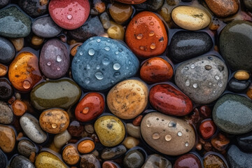 Seamless background small colored pebble srone visible water drops