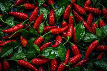 Seamless background rite small red hot peppers with green leaves visible water drops