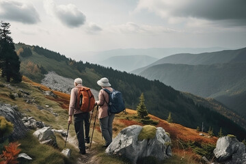 Obraz premium Senior couple hiking in mountains. Elderly tourists with bikepacks travelling outdoor. Active lifestyle in old age. Created with Generative AI