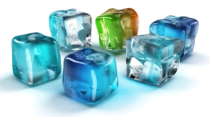 3d render, ice cubes collection, clip art isolated on white background. Generative Ai