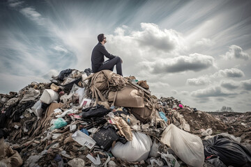 Mam sitting on top of huge dump with a lot of plastic waste and various used garbage. Environmental pollution concept. Created with Generative AI