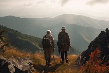 Obraz premium Senior couple hiking in mountains. Elderly tourists with bikepacks travelling outdoor. Active lifestyle in old age. Created with Generative AI