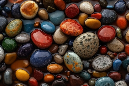 Seamless background small colored pebble srone visible water drops