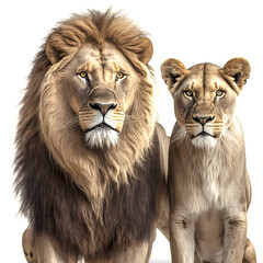 Lions in front of white background, AI generated