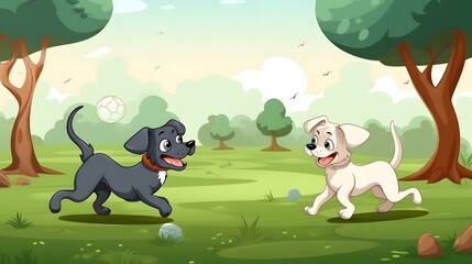 Generative AI. Two dogs playing with a ball in the park
