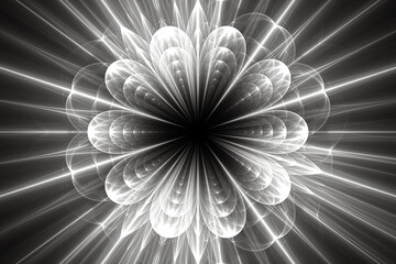 White floral pattern of crooked waves and rays on a black background. Abstract fractal 3D rendering