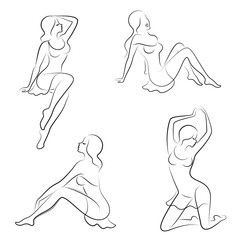 Collection. Silhouette of a woman in a modern continuous line style. The girl is slim and beautiful. Lady suitable for decor, posters, stickers, logo. vector illustration set.