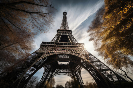 Photo of low angle Eiffel Tower in Paris, France. Generative AI