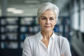 Portrait of a successful confident mature gray-haired lady, business woman. Generative AI