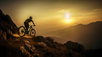 Fototapeta na wymiar Mountain bike race - silhouette cyclist on background. Generative AI
