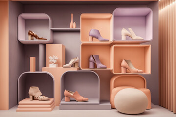 Modern women's shoe store, super photo realistic background. Generative ai illustration