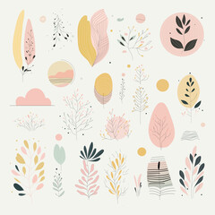 Vector set of abstract graphic shapes. Multicolored shapes and objects on a light background. Elements of minimalism in the style of modern art. Botanical illustration for your design in flat style