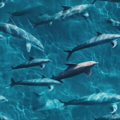 Common Dolphin (Delphinus delphis) schooling together in blue water as an underwater background tile for use as a repeating art pattern design. Generative AI.