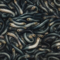 Jellied Eels (european eels, Anguilliformes) schooling together in a slimy grotesque mess as a background tile for use as a repeating art pattern design. Generative AI.