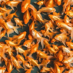 Pet Goldfish (Carassius auratus) schooling together in a blue fresh water background tile for use as a repeating art pattern design. Generative AI.
