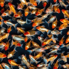 Pet Goldfish (Carassius auratus) schooling together in a blue fresh water background tile for use as a repeating art pattern design. Generative AI.