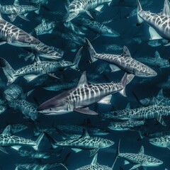 Tiger Shark (Galeocerdo cuvier, Galeocerdonidae family) fish schooling together as an underwater background tile for use as a repeating art pattern design. Generative AI.