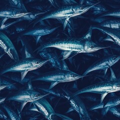 Swordfish (Xiphias gladius, or broadbills) fish schooling together as an underwater background tile for use as a repeating art pattern design. Generative AI.