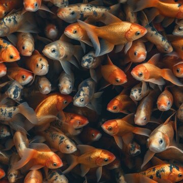 Pet Goldfish (Carassius auratus) schooling together in a blue fresh water background tile for use as a repeating art pattern design. Generative AI.