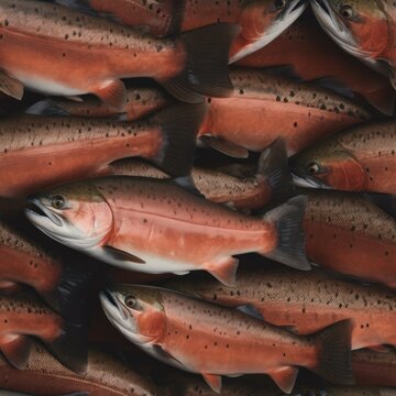 Pink salmon or humpback salmon (Oncorhynchus gorbuscha) ocean fish schooling together as an underwater background tile for use as a repeating art pattern design. Generative AI.