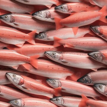 Pink salmon or humpback salmon (Oncorhynchus gorbuscha) ocean fish schooling together as an underwater background tile for use as a repeating art pattern design. Generative AI.