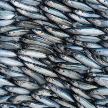Mackerel (pelagic or Scombridae) fish schooling together as an underwater background tile for use as a repeating art pattern design. Generative AI.