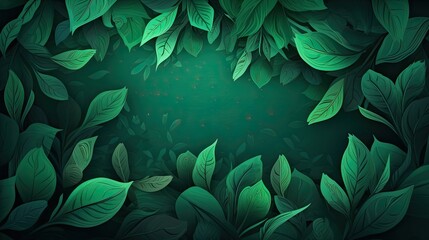 Monochromatic wallpaper with autumnal leaves. Green background. Generative AI