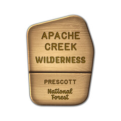 Apache Creek National Wilderness, Prescott National Forest wood sign illustration on transparent background