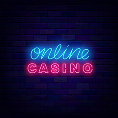 Fototapeta na wymiar Online casino neon sign on brick wall. Poker club shiny inscription. Jackpot and bingo. Vector stock illustration