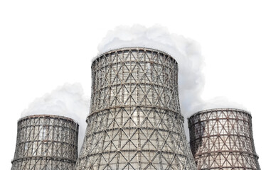 the power plant with huge thick clouds of smoke. Three soaring CHP evaporators on a transparent background. A white cloud of industrial smoke or steam rises into the sky