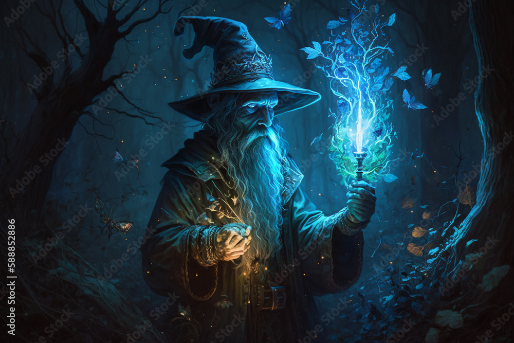 Poster blue scary fantastic wizard making spells in the forest. creative vector illustration design charact - Posters