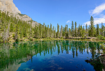 Mountain lake with blue sky and white clouds in Vancouver, Canada