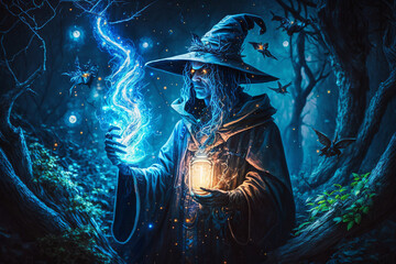 Obraz premium Blue scary Fantastic wizard making spells in the forest. Creative vector illustration design character. Magic and wizardry. Ai generated
