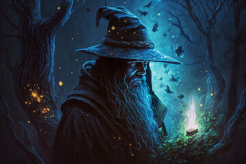 Obraz premium Blue scary Fantastic wizard making spells in the forest. Creative vector illustration design character. Magic and wizardry. Ai generated