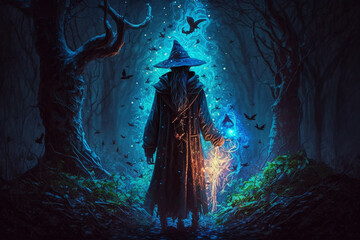 Fototapeta na wymiar Blue scary Fantastic wizard making spells in the forest. Creative vector illustration design character. Magic and wizardry. Ai generated